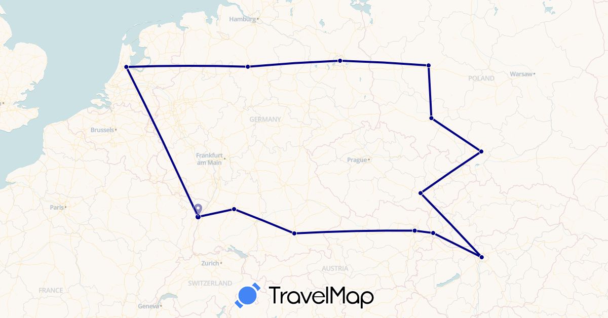 TravelMap itinerary: driving in Austria, Czech Republic, Germany, France, Hungary, Netherlands, Poland, Slovakia (Europe)